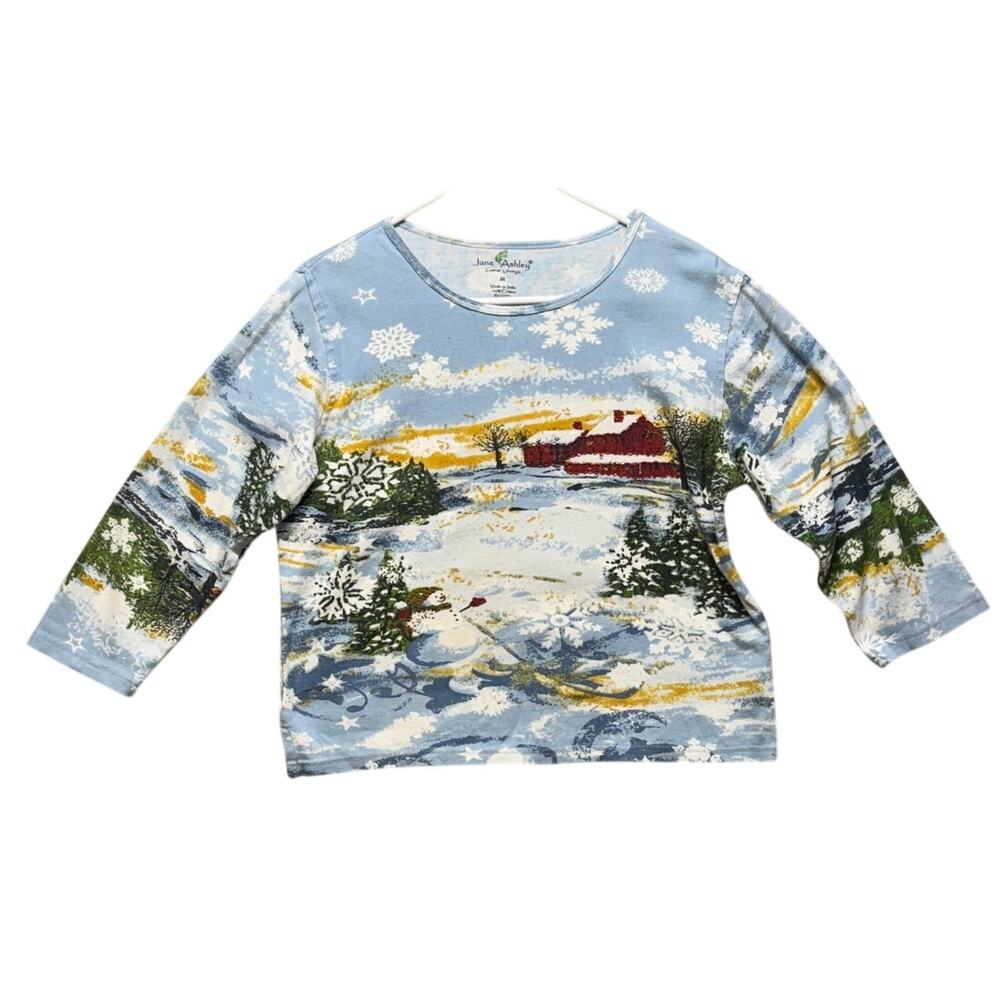 Jane Ashley 100% Cotton Christmas Holiday Snow 3/4 Sleeve Shirt Women Medium